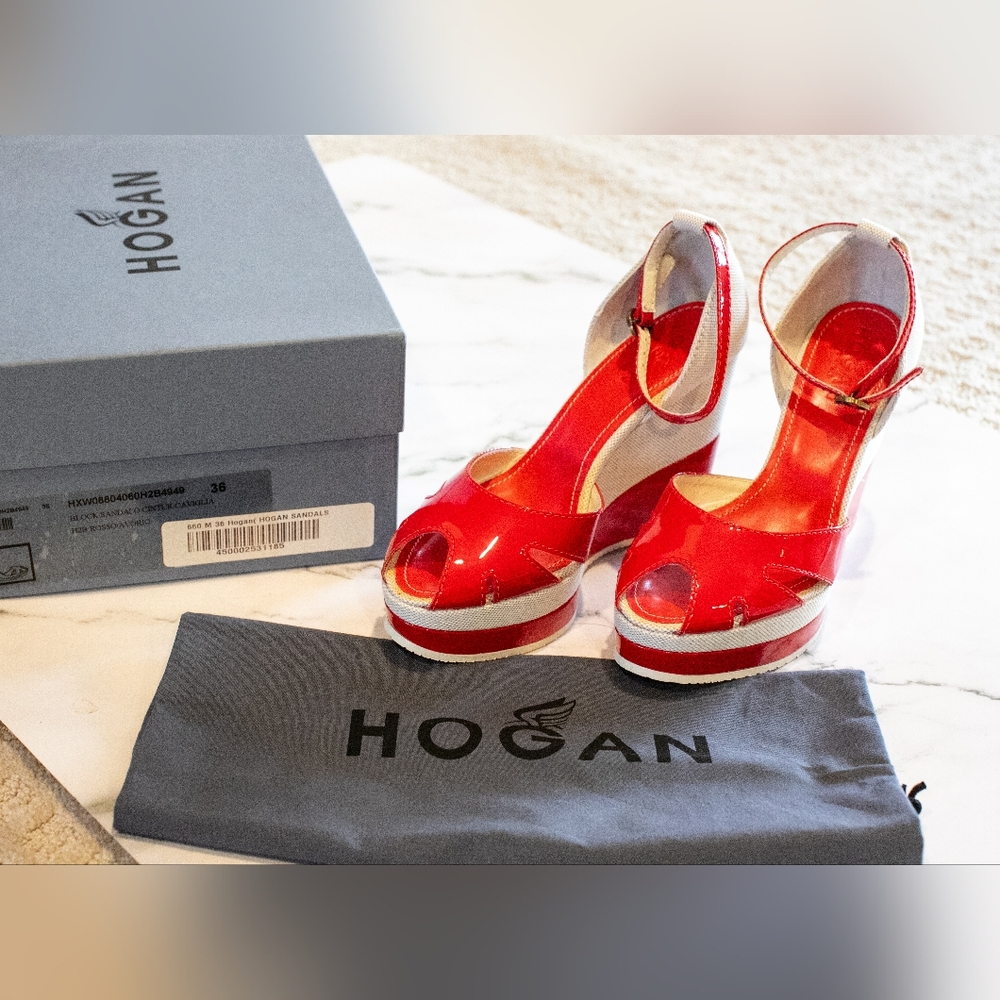 Hogan wedge sandals Italy made red/beige ankle strap peep toe   size36 wear once
